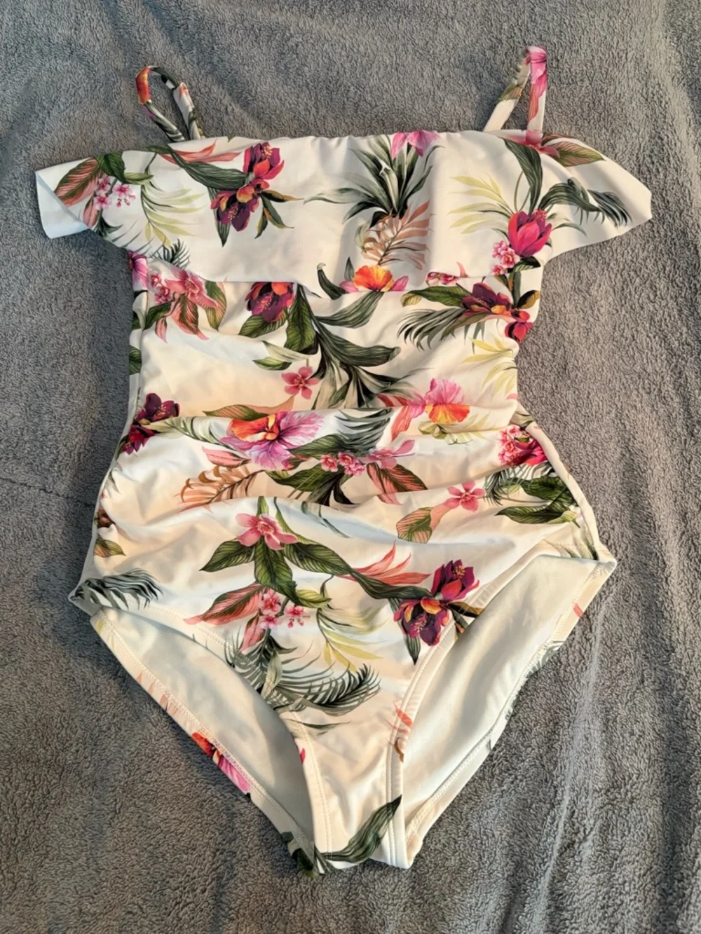 NWT Kona Sol One Piece Swimsuit Tropical Floral Ruffle Flounce Ruched S (4-6) - Picture 1 of 8